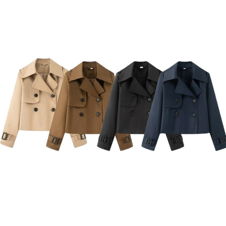 Women Cropped Double-breasted Trench Coat with Wide Lapels and Adjustable Cuffs Mune Fashion