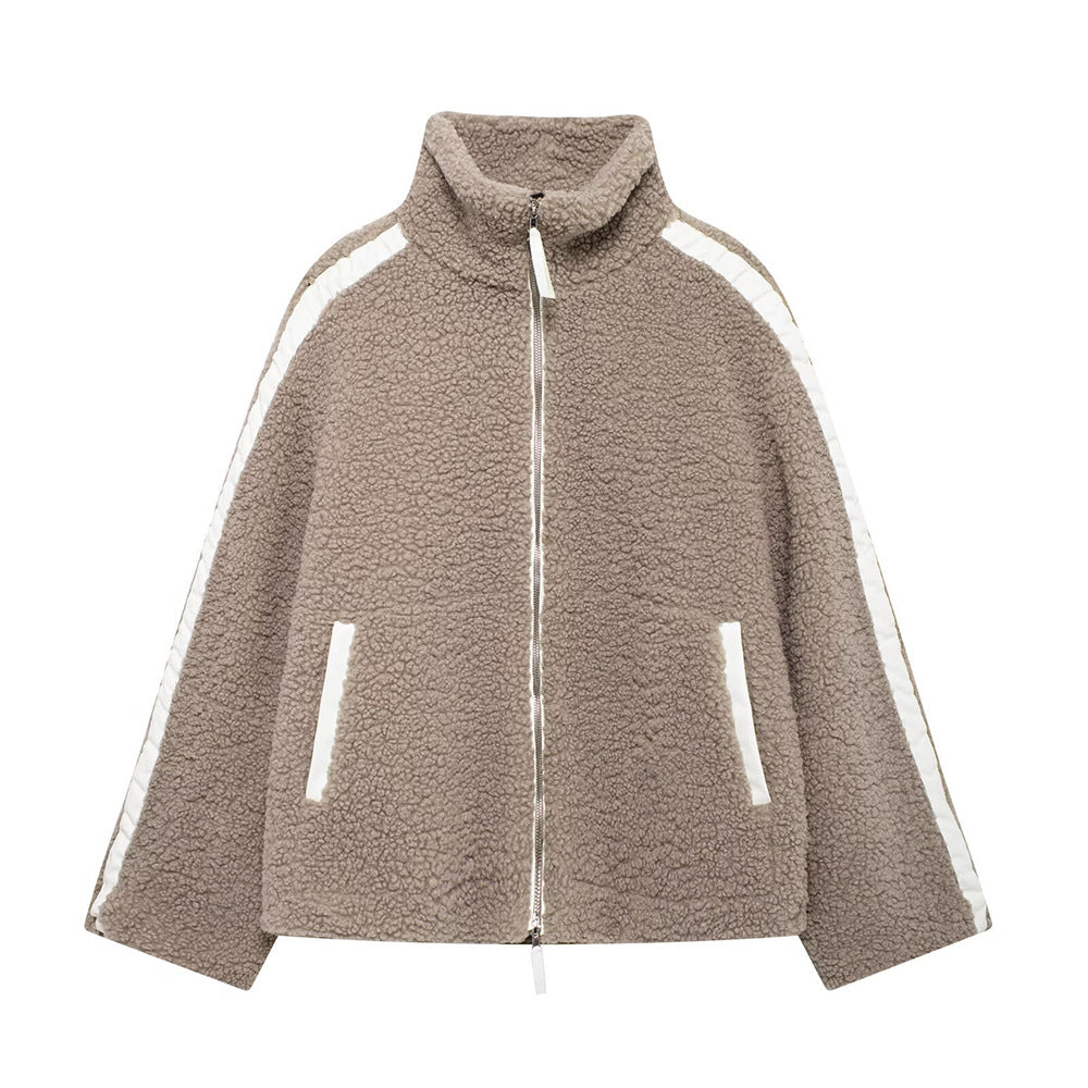 Women Wide Cut Teddy Fleece Jacket with High Standing Collar Mune Fashion
