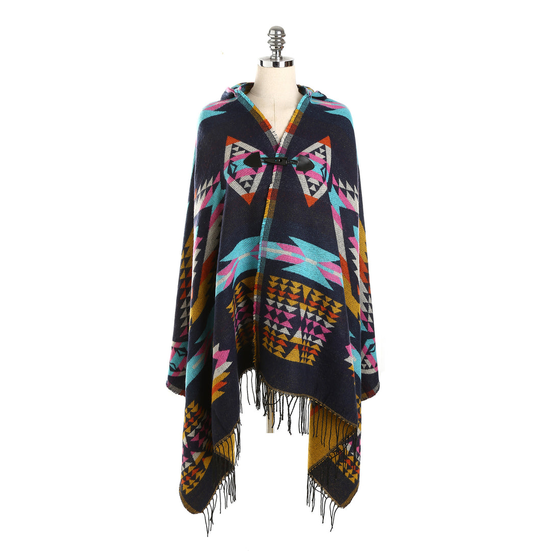 Women's Ethno-Jacquard-Poncho with Toggle Closure and Fringe Hem Mune Fashion