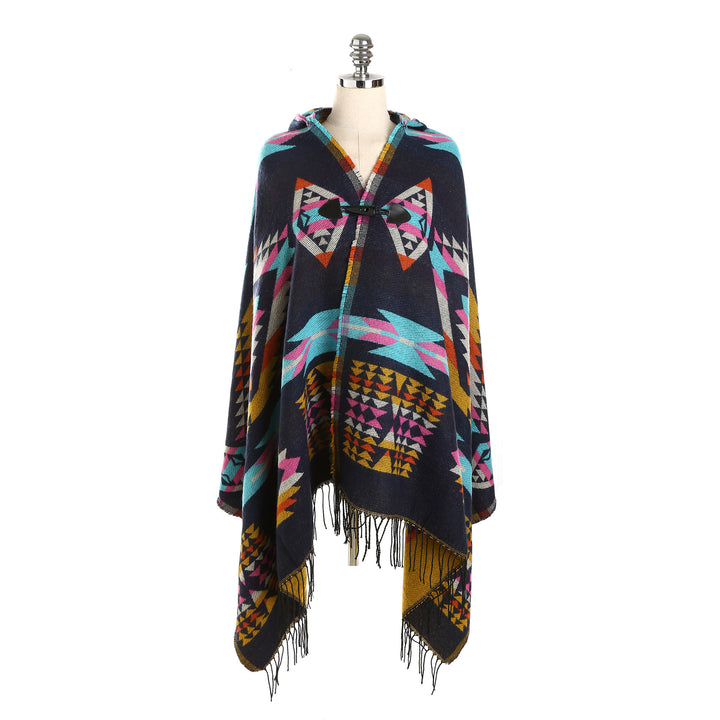 Women's Ethno-Jacquard-Poncho with Toggle Closure and Fringe Hem Mune Fashion