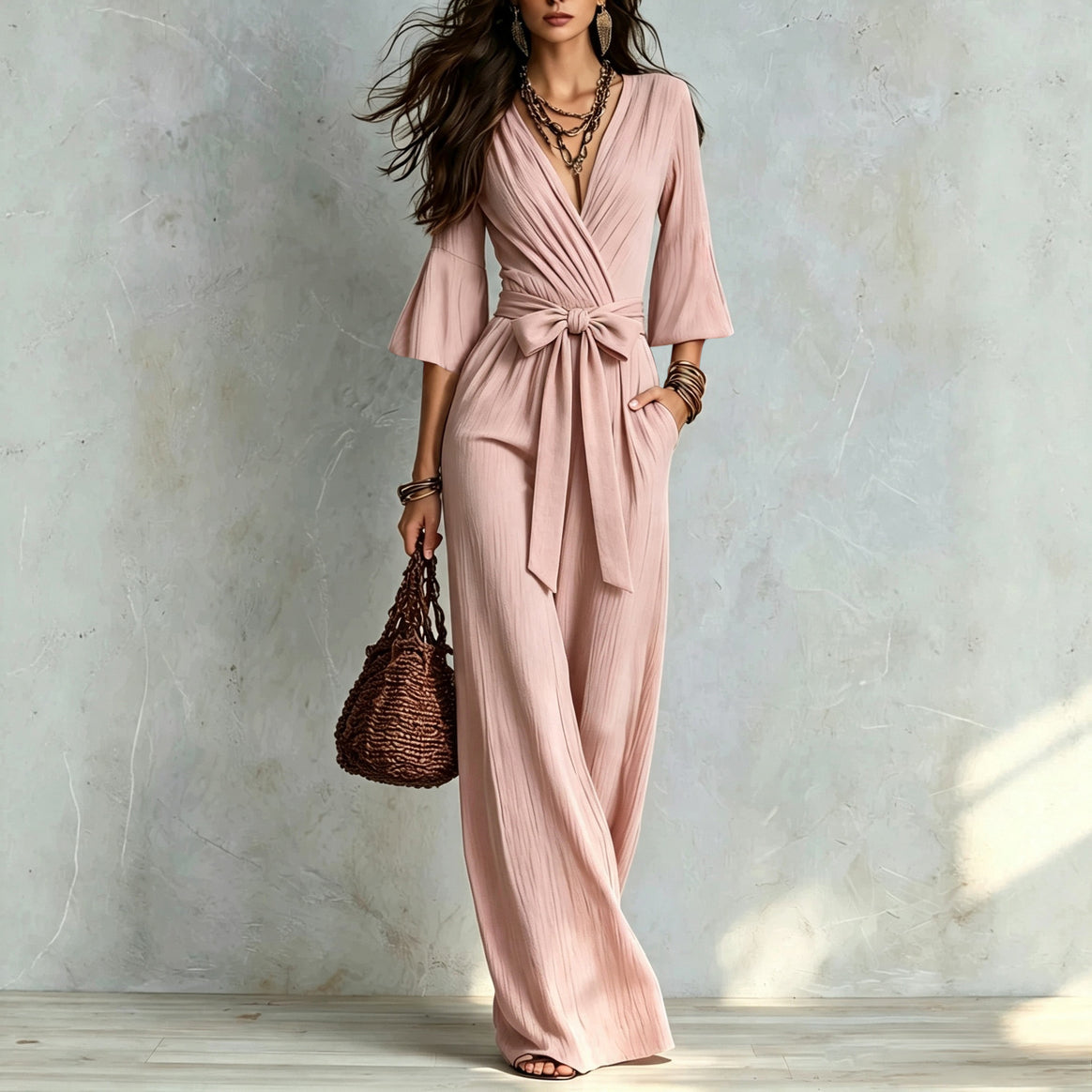 Women's Jumpsuit Wrap Look with Wide Leg, Waist Belt and Bell Sleeves Mune Fashion