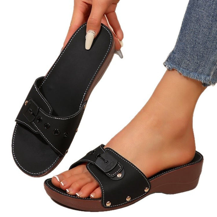 Women slip-on sandals with cushioned comfort footbed, decorative buckle and lightweight wedge sole Mune Fashion