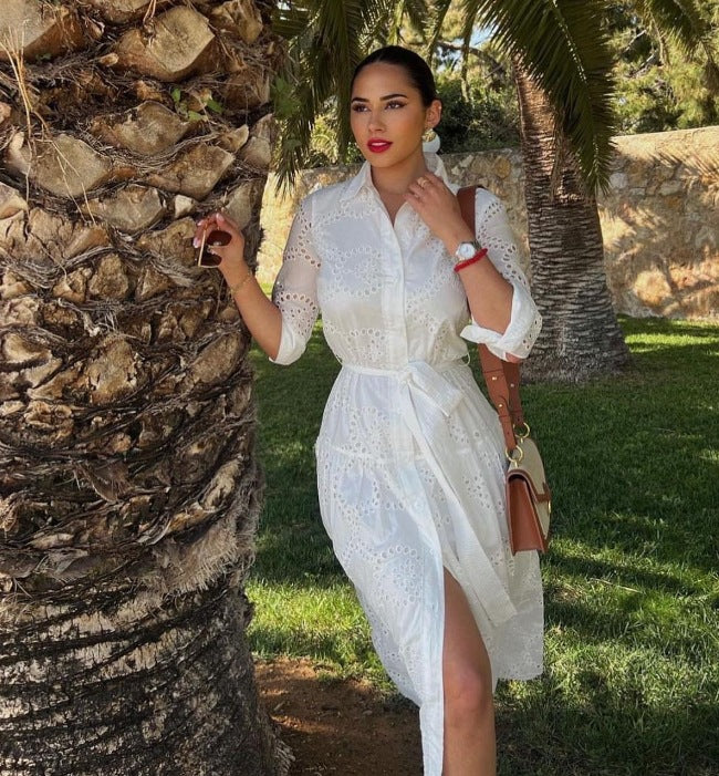 Women 10+ embroidered shirt dress with eyelet embroidery, waist belt and side leg slit Mune Fashion