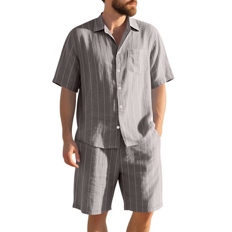 Men's Short Sleeve Pajama Set with Subtle Striped Pattern and Practical Chest Pocket Mune Fashion