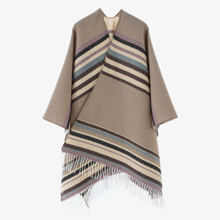 Women's Striped Wool Blend Poncho with Fringed Hem Mune Fashion