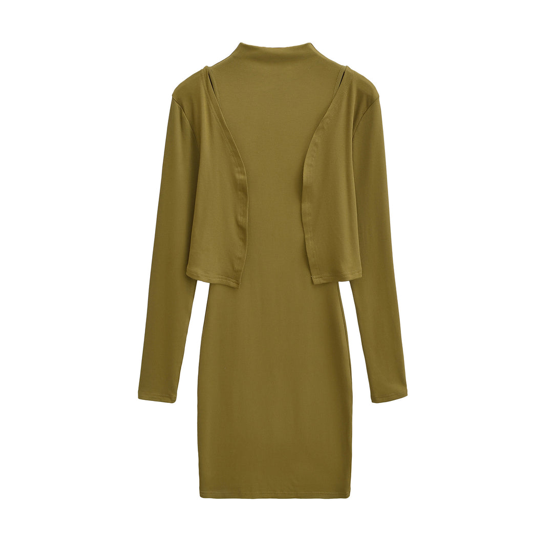 Ladies Figured Close-Fitting Midi Dress with Integrated Bolero and Stand-Up Collar Mune Fashion