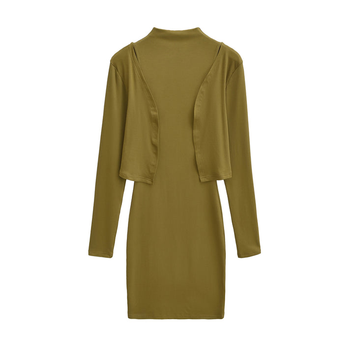 Ladies Figured Close-Fitting Midi Dress with Integrated Bolero and Stand-Up Collar Mune Fashion