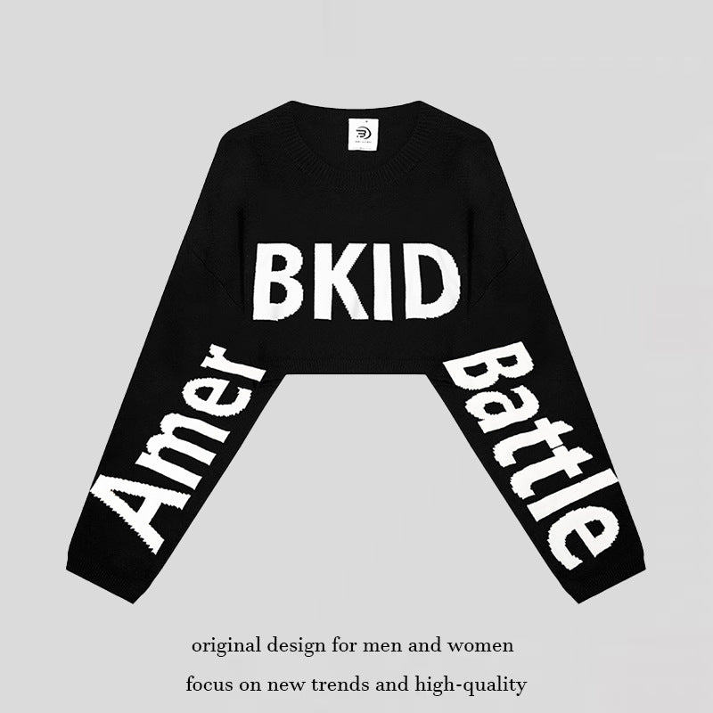 Women's Cropped Knit Sweater with Wide Raglan Sleeves and Statement Print Mune Fashion
