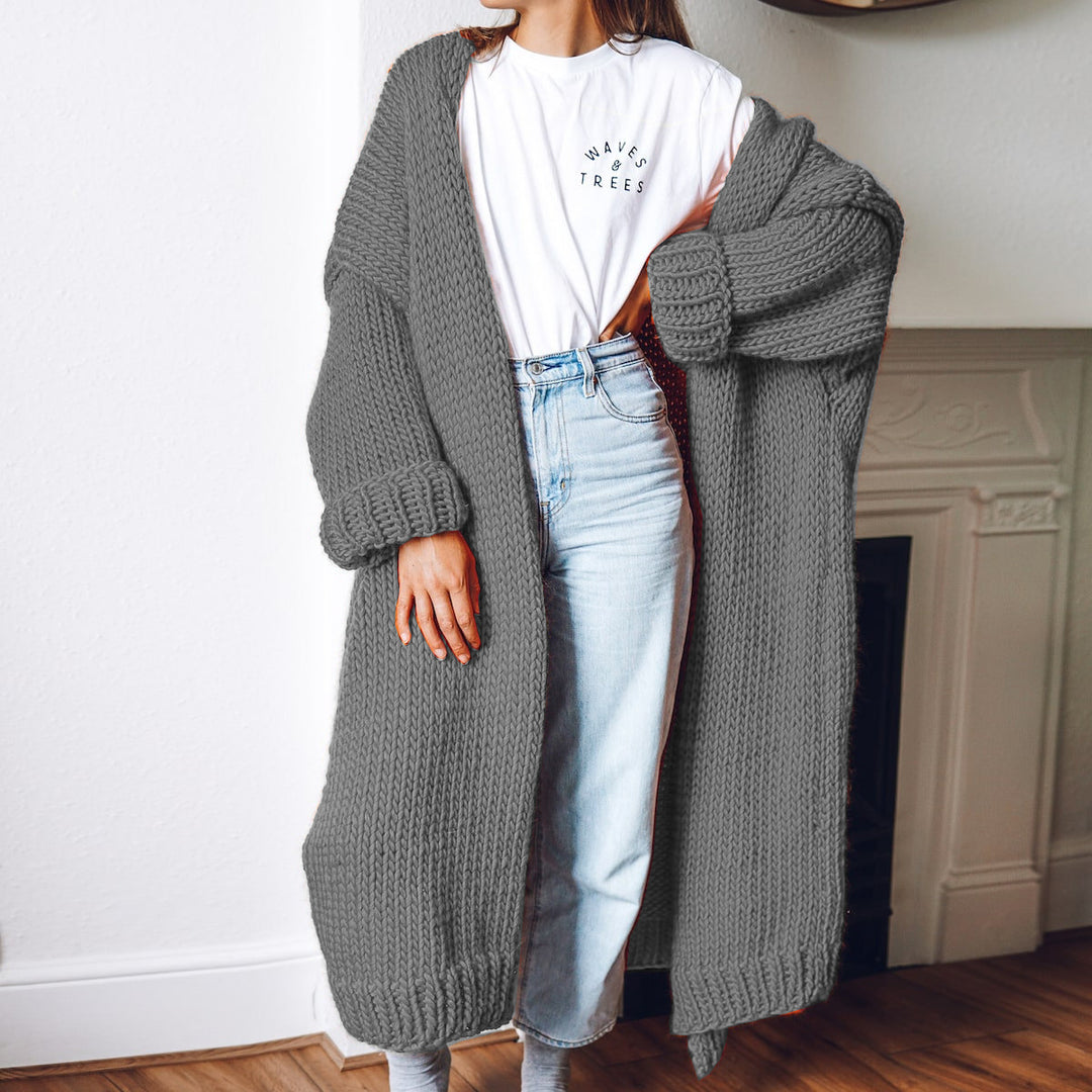 Women Oversize Maxi Chunky Knit Cardigan with Open Front and Voluminous Sleeves Mune Fashion