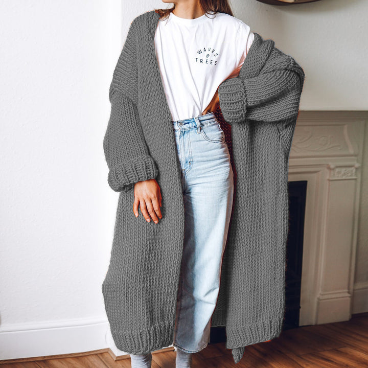 Women Oversize Maxi Chunky Knit Cardigan with Open Front and Voluminous Sleeves Mune Fashion