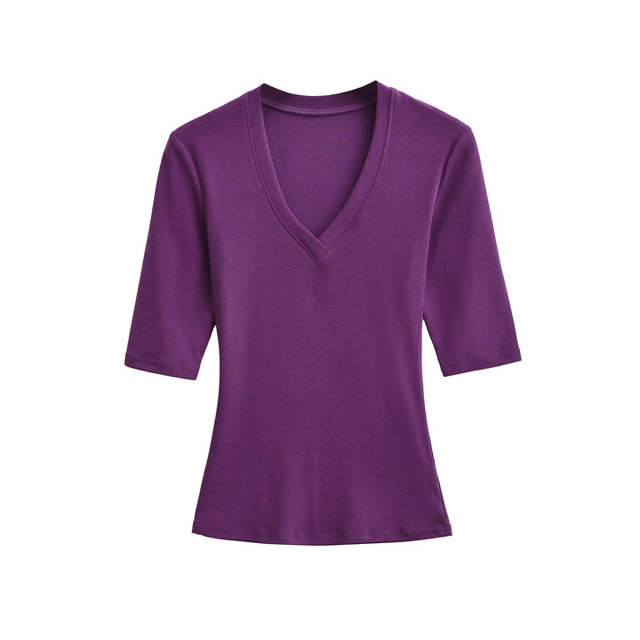 Women's Fitted V-Neck Three-Quarter Sleeve Fine Rib Top made of Stretch Jersey Mune Fashion