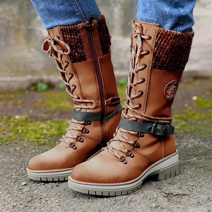 Women nan padded lace-up boots with knitted shaft, decorative buckle strap, and patterned rubber sole Mune Fashion