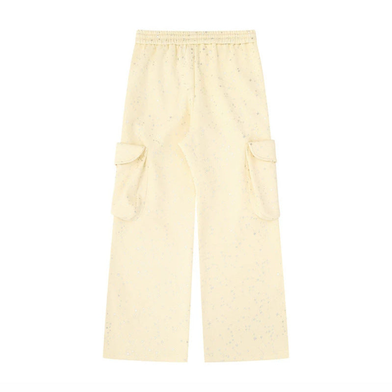 Women's Extra Wide Cargo Palazzo Sweatpants with Drawstring Waistband and Decorative Wing Appliqués Mune Fashion