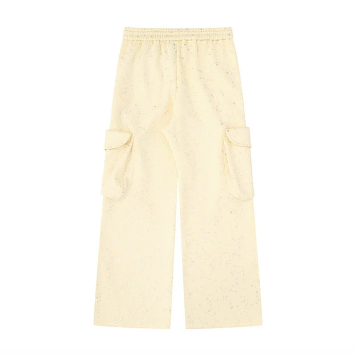 Women's Extra Wide Cargo Palazzo Sweatpants with Drawstring Waistband and Decorative Wing Appliqués Mune Fashion