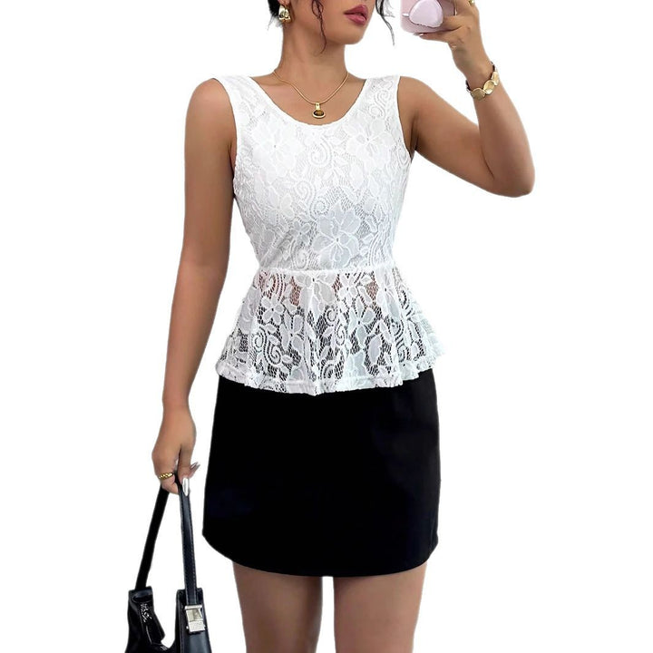 Women's tailored sleeveless lace peplum top with lined bust and transparent frill Mune Fashion