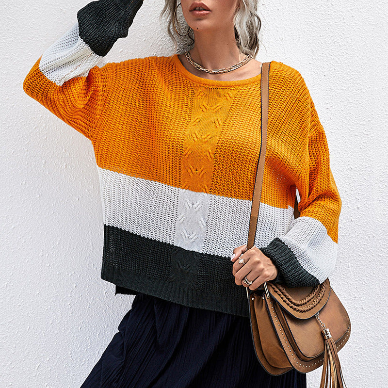 Women's Colorblock Slouchy Knit Sweater with Cable Mix and Drop Shoulder Mune Fashion