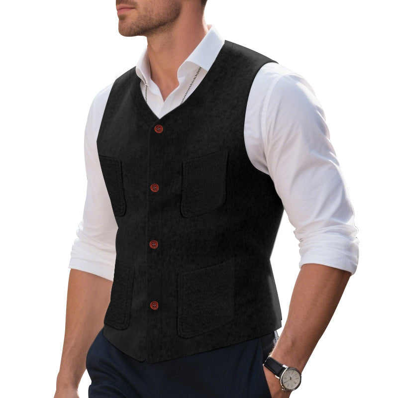 Men's wool blend vest with V-neck, patch pockets, and mesh lining Mune Fashion