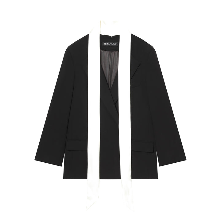 Women's tailored smoking jacket with contrasting shawl collar and long tie scarf Mune Fashion