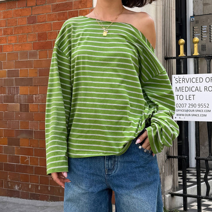 Women's Oversize Long Sleeve Top with Wide Neckline, Maritime Stripes and Relaxed Fit Mune Fashion