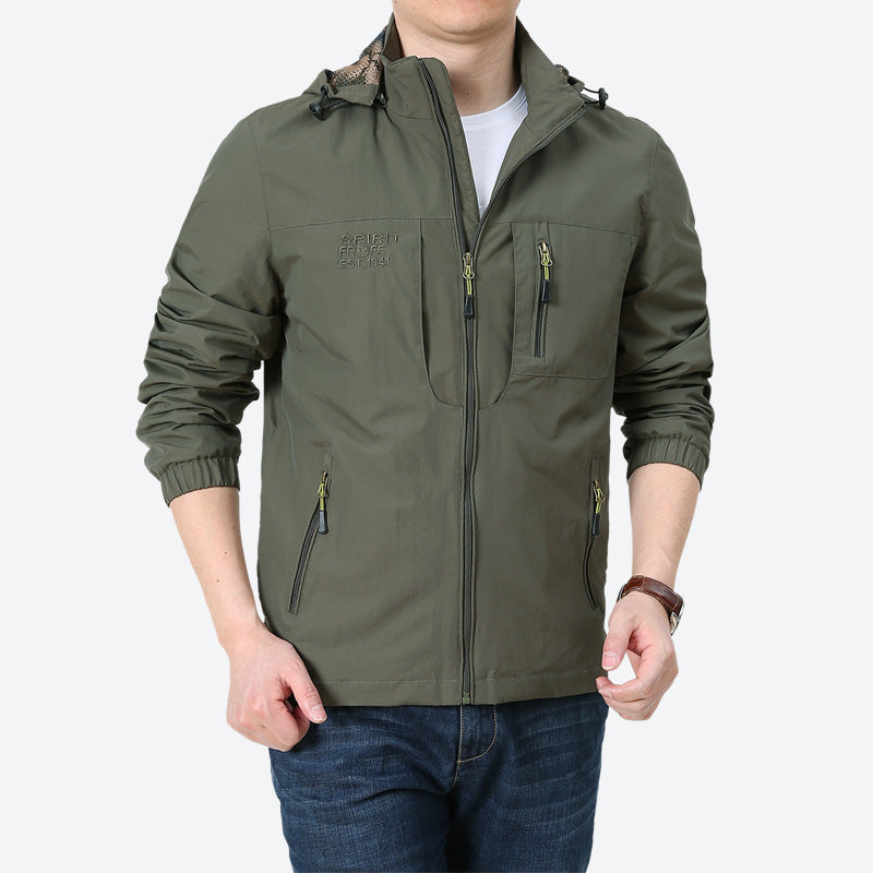 Men's Windproof Microfiber Utility Jacket with Hood and Multiple Zipper Pockets Mune Fashion