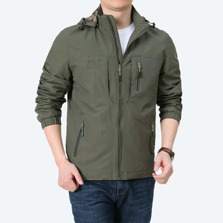 Men's Windproof Microfiber Utility Jacket with Hood and Multiple Zipper Pockets Mune Fashion