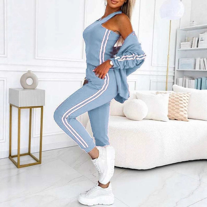 Women's trendy jogging suit set with college jacket, short top and slim-fit jogging pants Mune Fashion