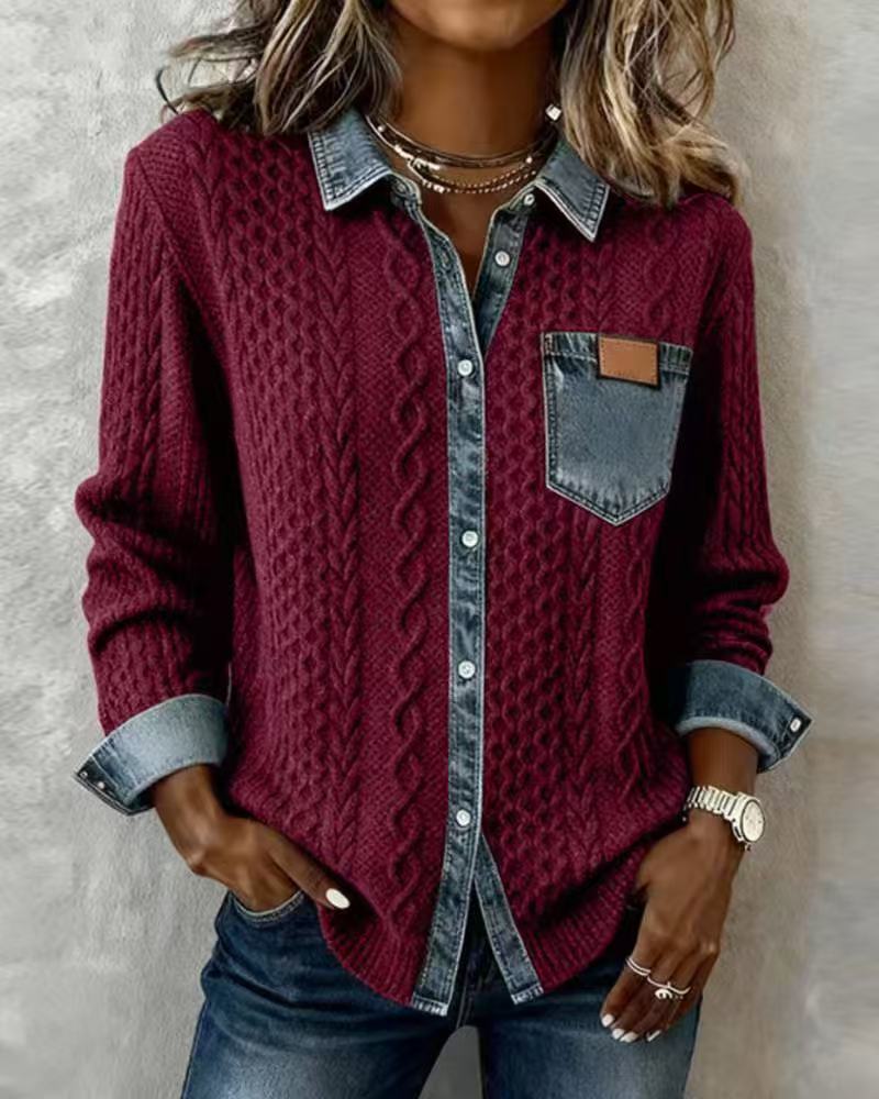 Women's braided knit sweater with integrated denim collar and chest pocket Mune Fashion