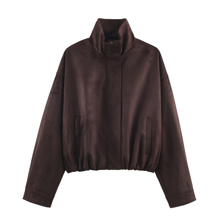 Women's Short Oversized Suede-Look Bomber Jacket with Stand-Up Collar and Elastic Hem Mune Fashion