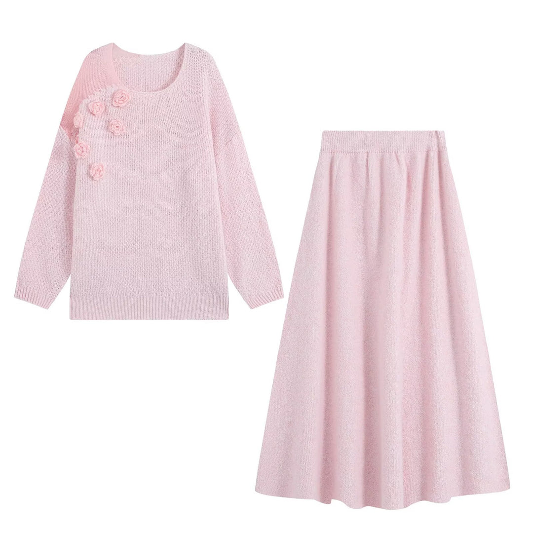 Women's knit set with cozy sweater featuring 3D flower appliqué and A-line skirt Mune Fashion