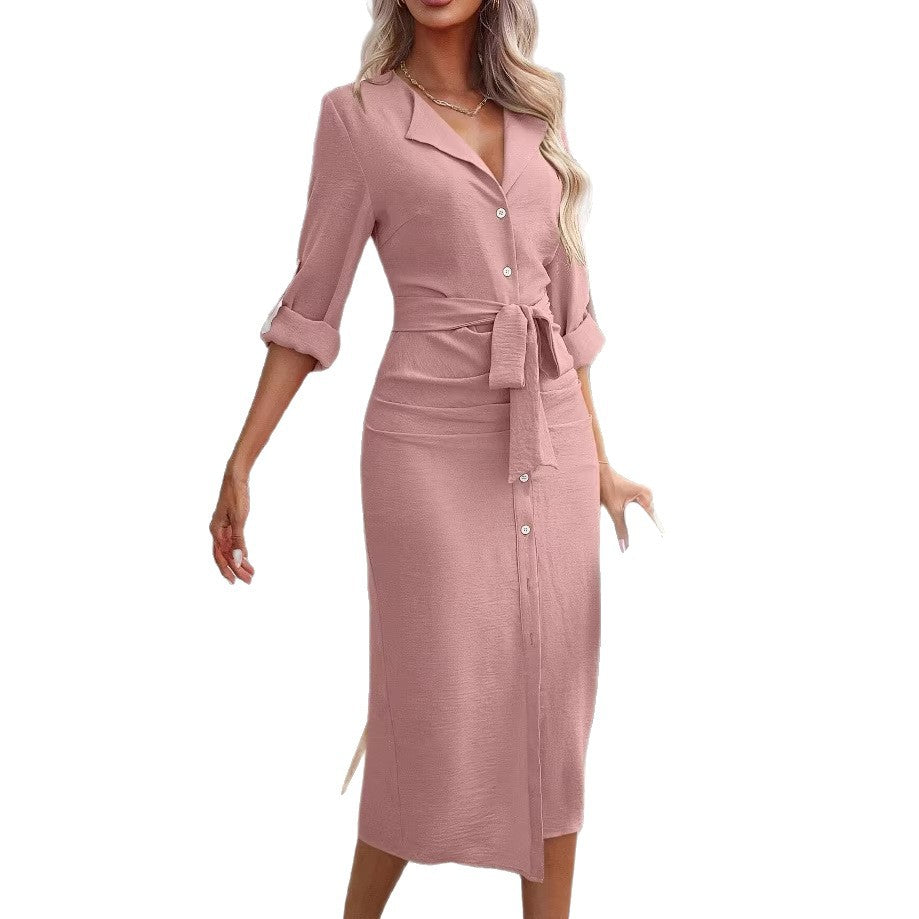Women's shirt dress with waist belt, rolled sleeves and front slit Drune