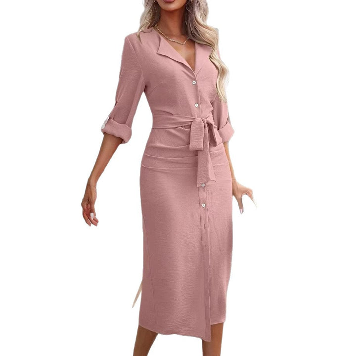 Women's shirt dress with waist belt, rolled sleeves and front slit Drune