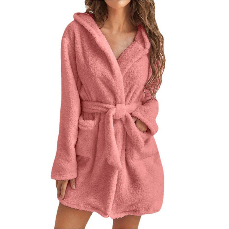 Women's Cozy Fleece Bathrobe with Hood and Waist Tie Mune