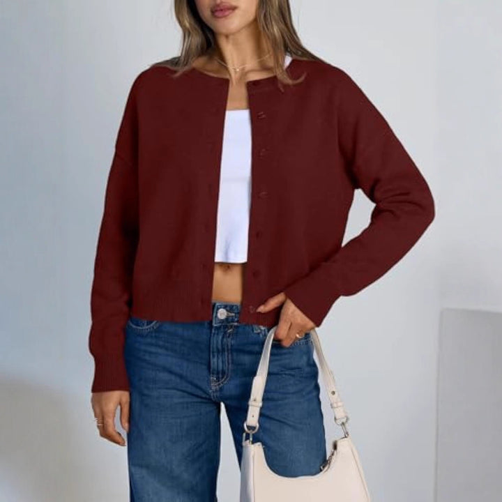 Women's Cropped Cardigan in Boxy Cut with Round Neck and Ribbed Cuffs Drune