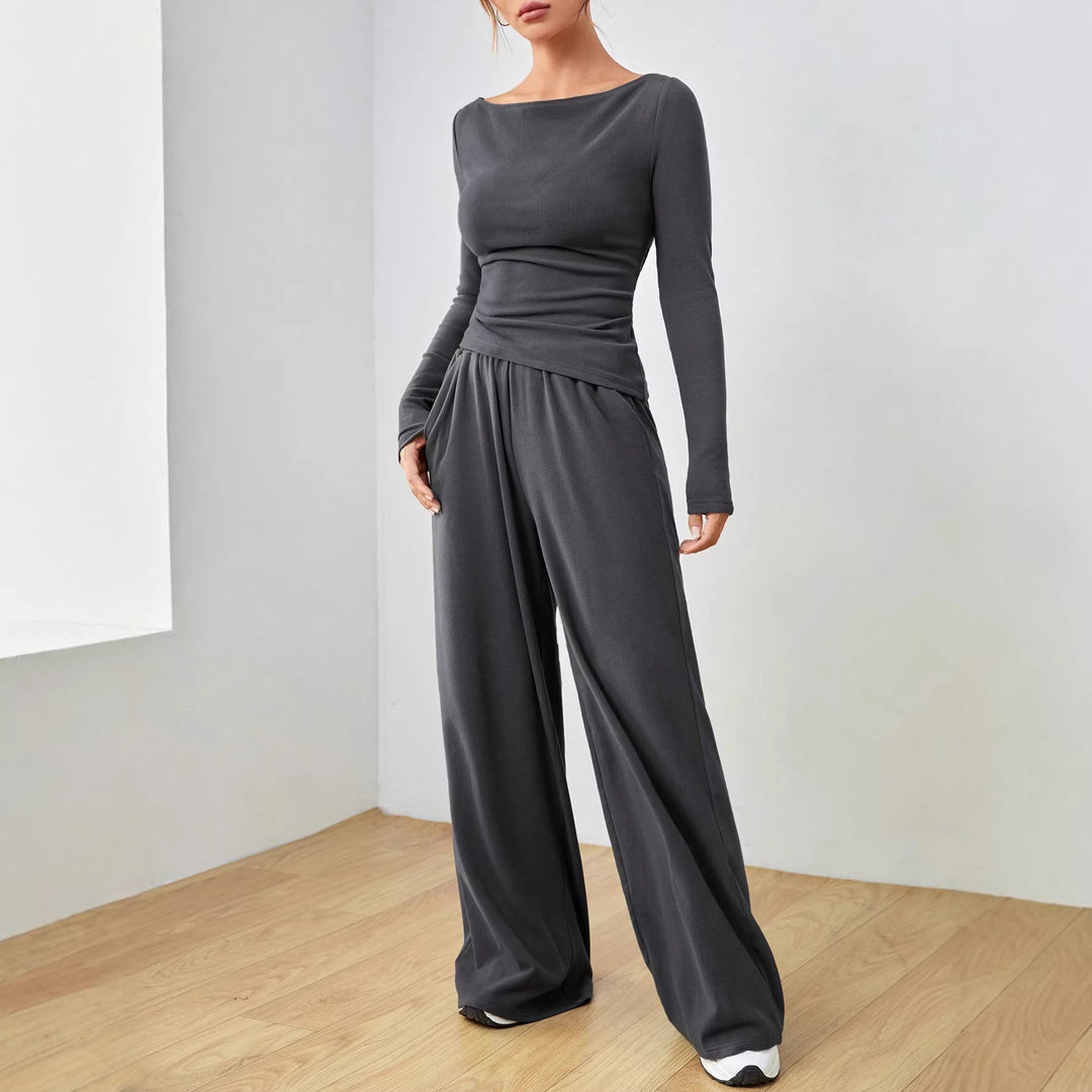 Women's Casual Two-Piece Lounge Set with Boat Neck, Tailored Draping and Wide Palazzo Pants Mune Fashion