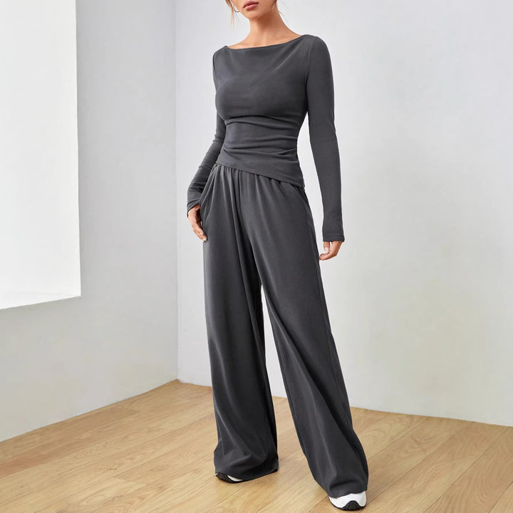 Women's Casual Two-Piece Lounge Set with Boat Neck, Tailored Draping and Wide Palazzo Pants Mune Fashion