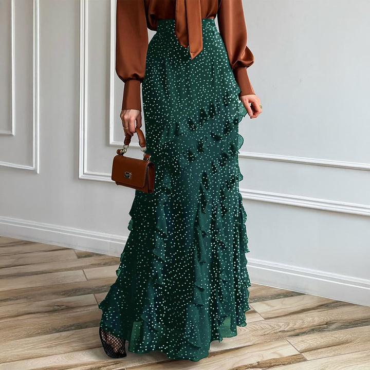 Women's maxi skirt with high waistband, asymmetrical ruffles, and flowing chiffon look Mune Fashion
