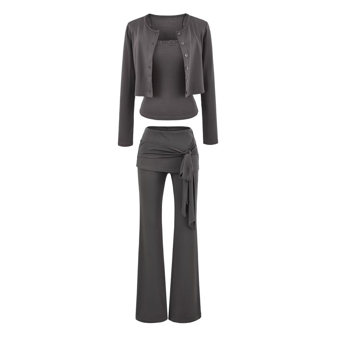 Women's three-piece lounge set with short button cardigan, lace top, and wrap flare pants Mune Fashion