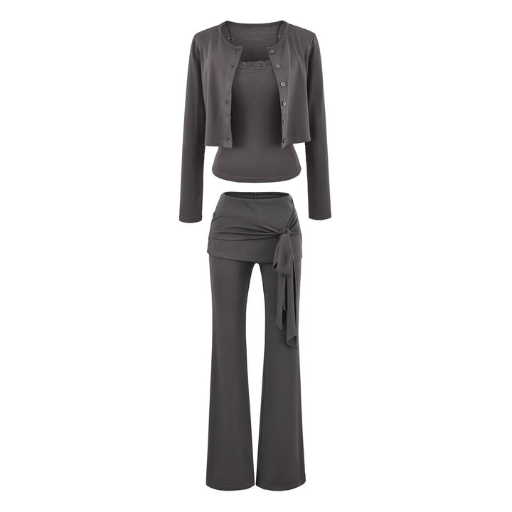 Women's three-piece lounge set with short button cardigan, lace top, and wrap flare pants Mune Fashion