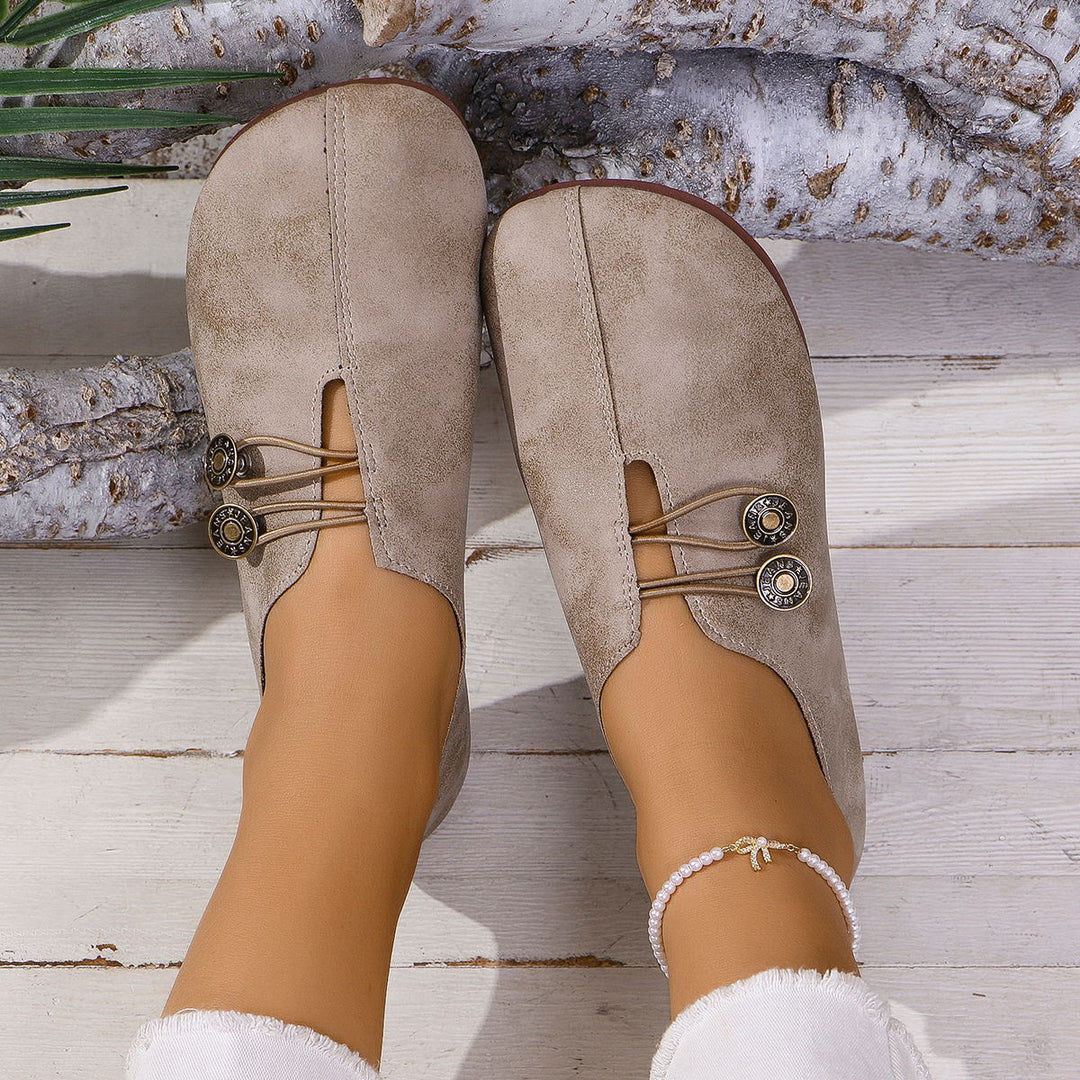 Women Comfortable Closed Slippers with Decorative Buttons and Elastic Lacing Mune Fashion