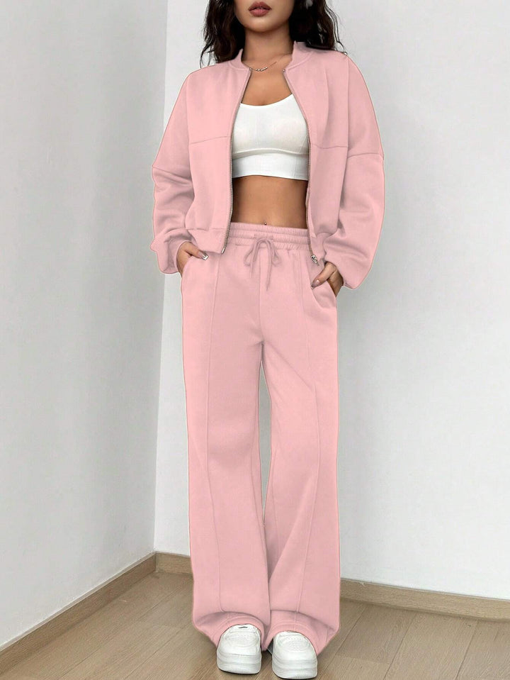 Women's short zip-up hoodie with high-waist wide jogger set Mune Fashion