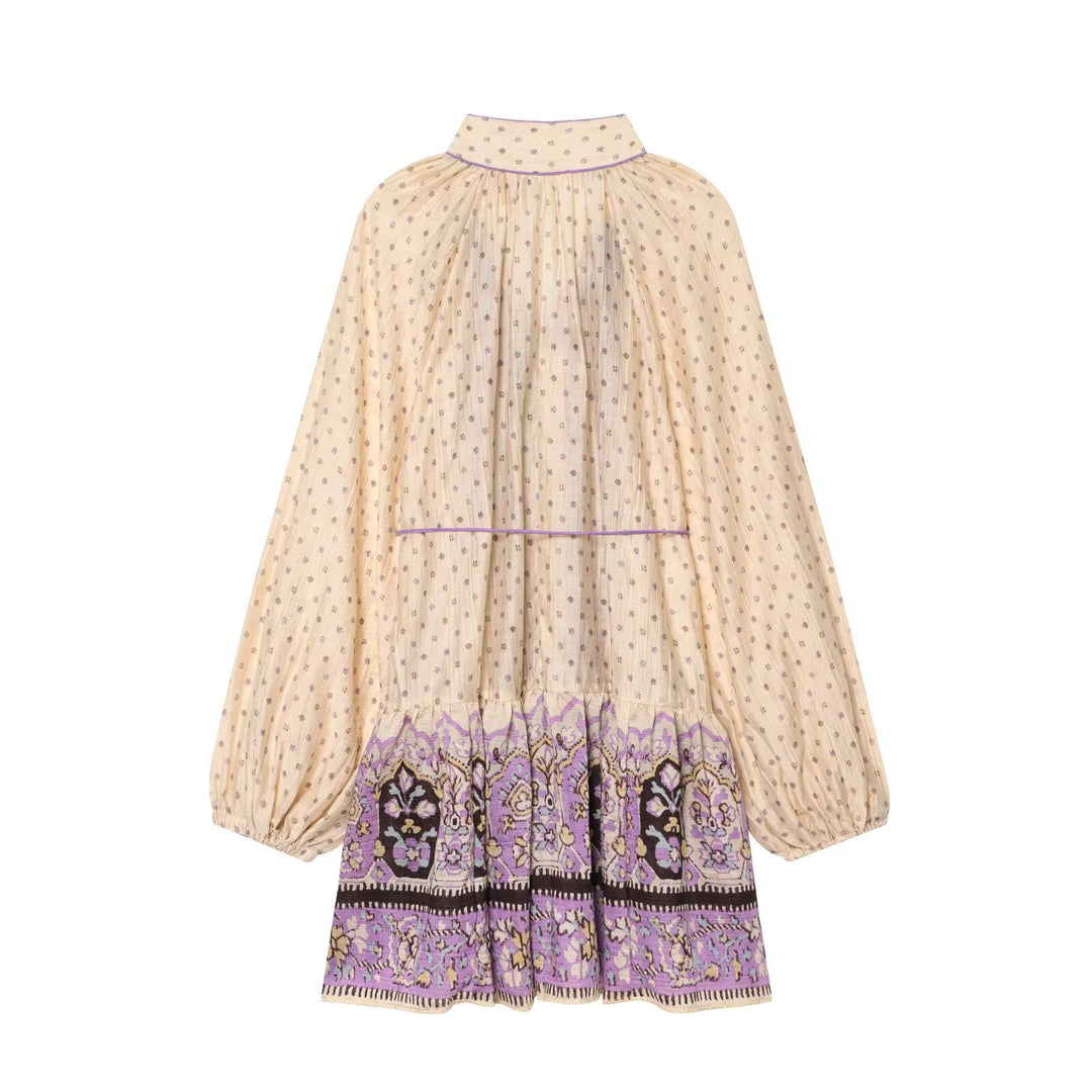 Women’s Boho midi dress with embroidered button placket, balloon sleeves and waist belt Mune Fashion