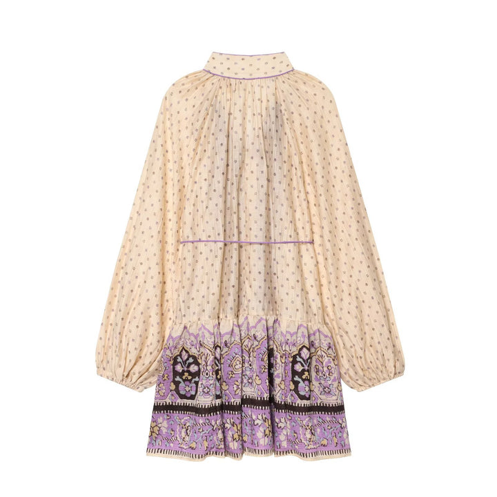 Women’s Boho midi dress with embroidered button placket, balloon sleeves and waist belt Mune Fashion