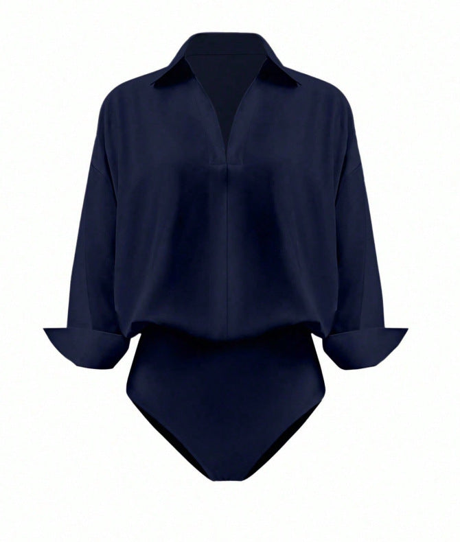 Women Elegant Shirt Blouse Bodysuit with V-Neck, Oversized Cut and Cuff Flaps Mune Fashion