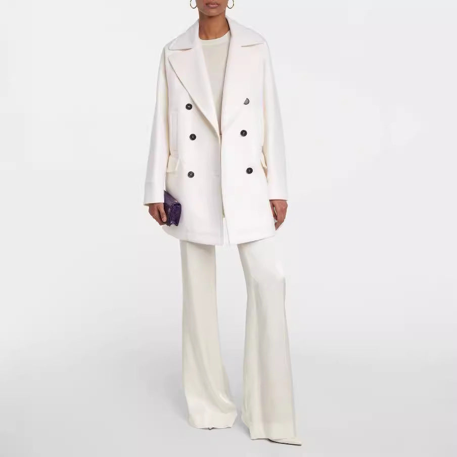 Women's short-cut double-breasted wool blend coat with wide shoulder Mune Fashion