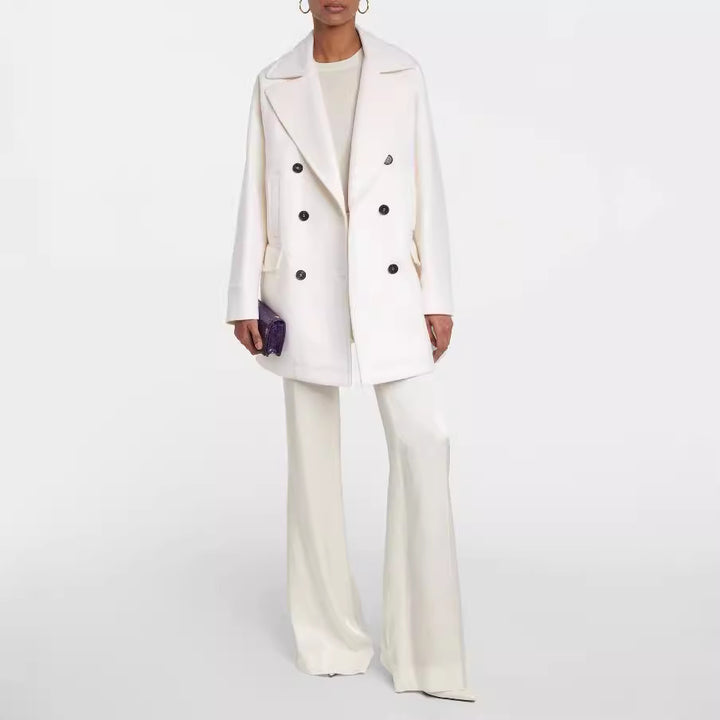Women's short-cut double-breasted wool blend coat with wide shoulder Mune Fashion