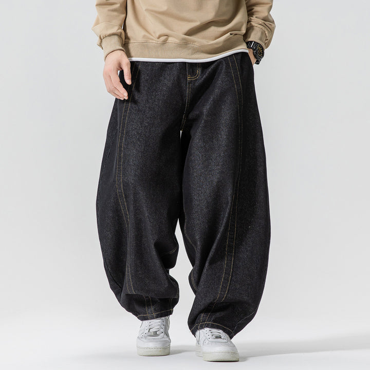 Men's Baggy Denim Pants with extra wide leg, drop crotch and visible contrast stitching Mune Fashion