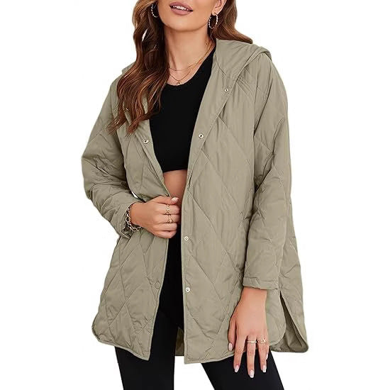 Women's quilted hooded jacket with snap button placket, side slits, and medium length Mune Fashion