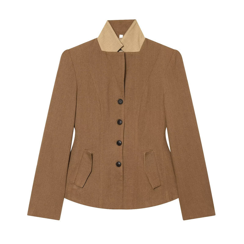 Women's Tailored Wool Riding Jacket with Stand-Up Collar and Flap Pockets Mune Fashion