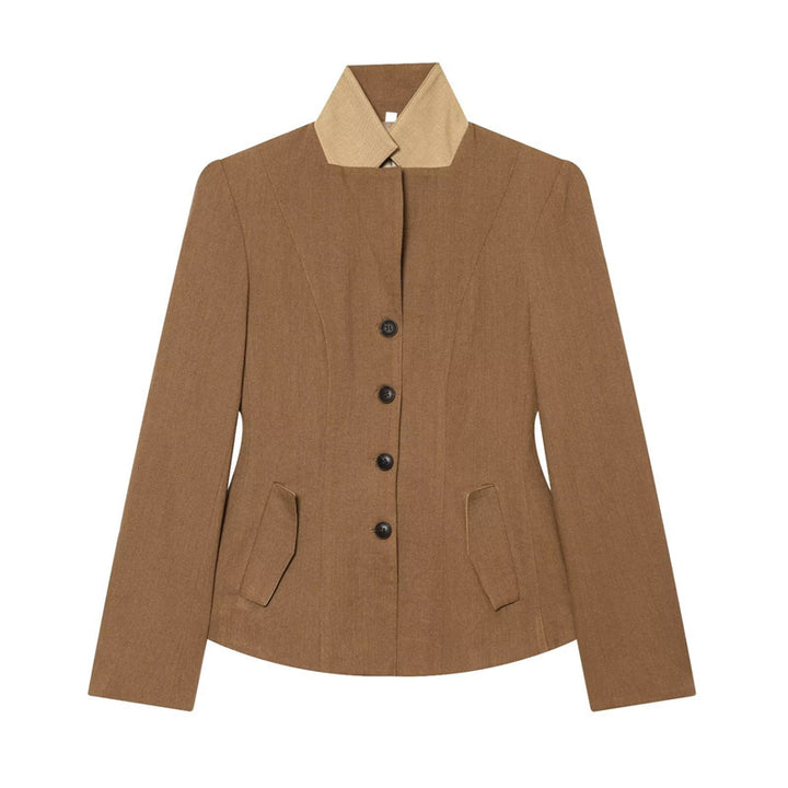 Women's Tailored Wool Riding Jacket with Stand-Up Collar and Flap Pockets Mune Fashion
