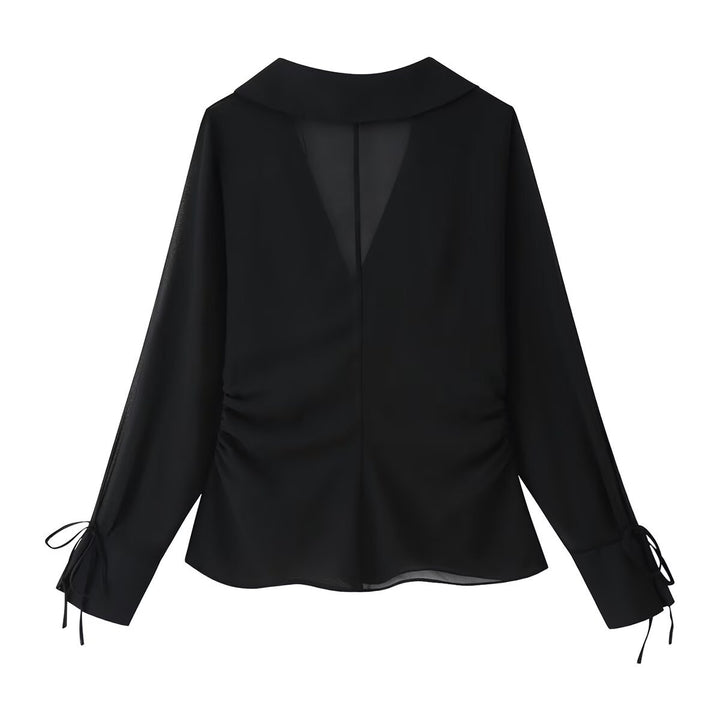 Women’s chiffon blouse with sequin trim, deep V-neckline and tie band Drune